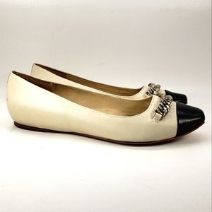 Elizabeth and James Owen Cream Leather, Slip On Black Capped Ballet Flats. 9.5M